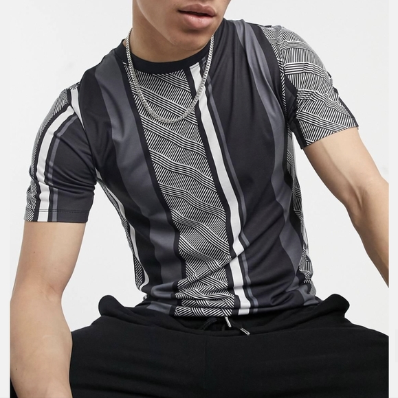 River Island ASOS Striped Grey Graphic T-shirt Muscle Fitted Tight Small - Picture 12 of 12